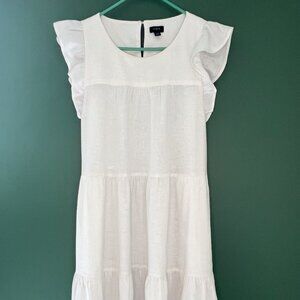 J. Crew Linen Tiered Dress with cap ruffle sleeves, white, size 12